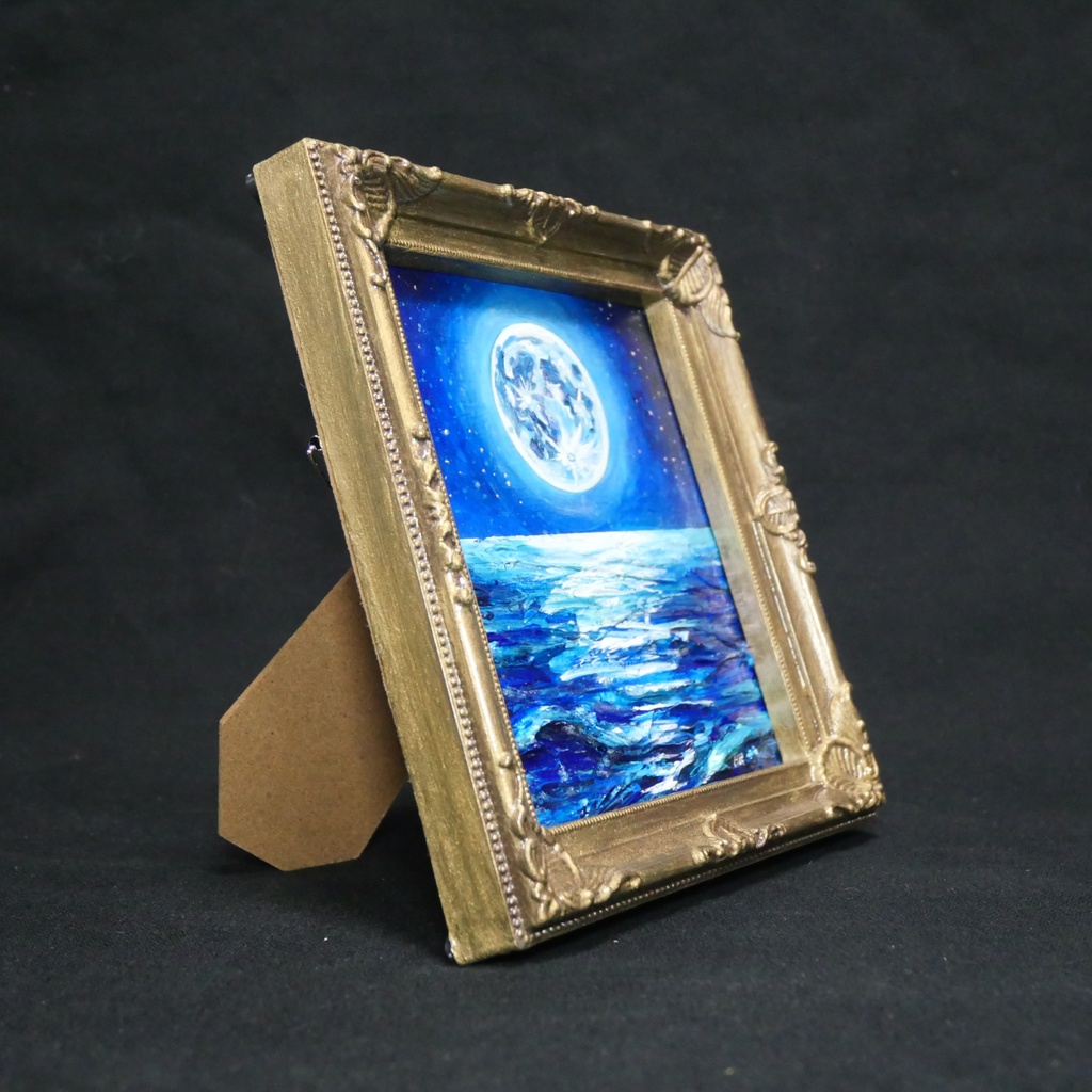 【蒼の深淵に眠る光】デスクに飾る小さな油絵 / 青い海の幻想風景 ミニ色紙 額縁付き