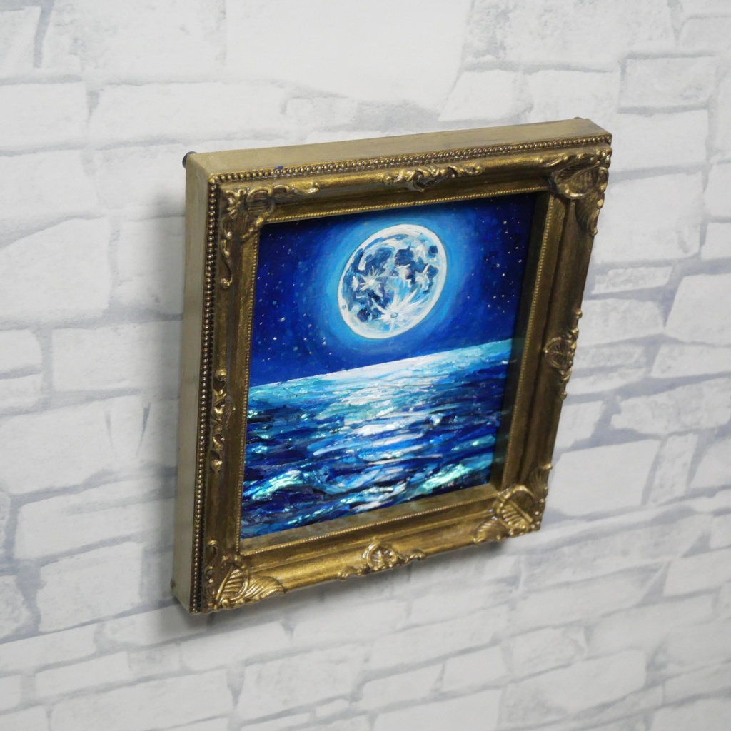 【蒼の深淵に眠る光】デスクに飾る小さな油絵 / 青い海の幻想風景 ミニ色紙 額縁付き