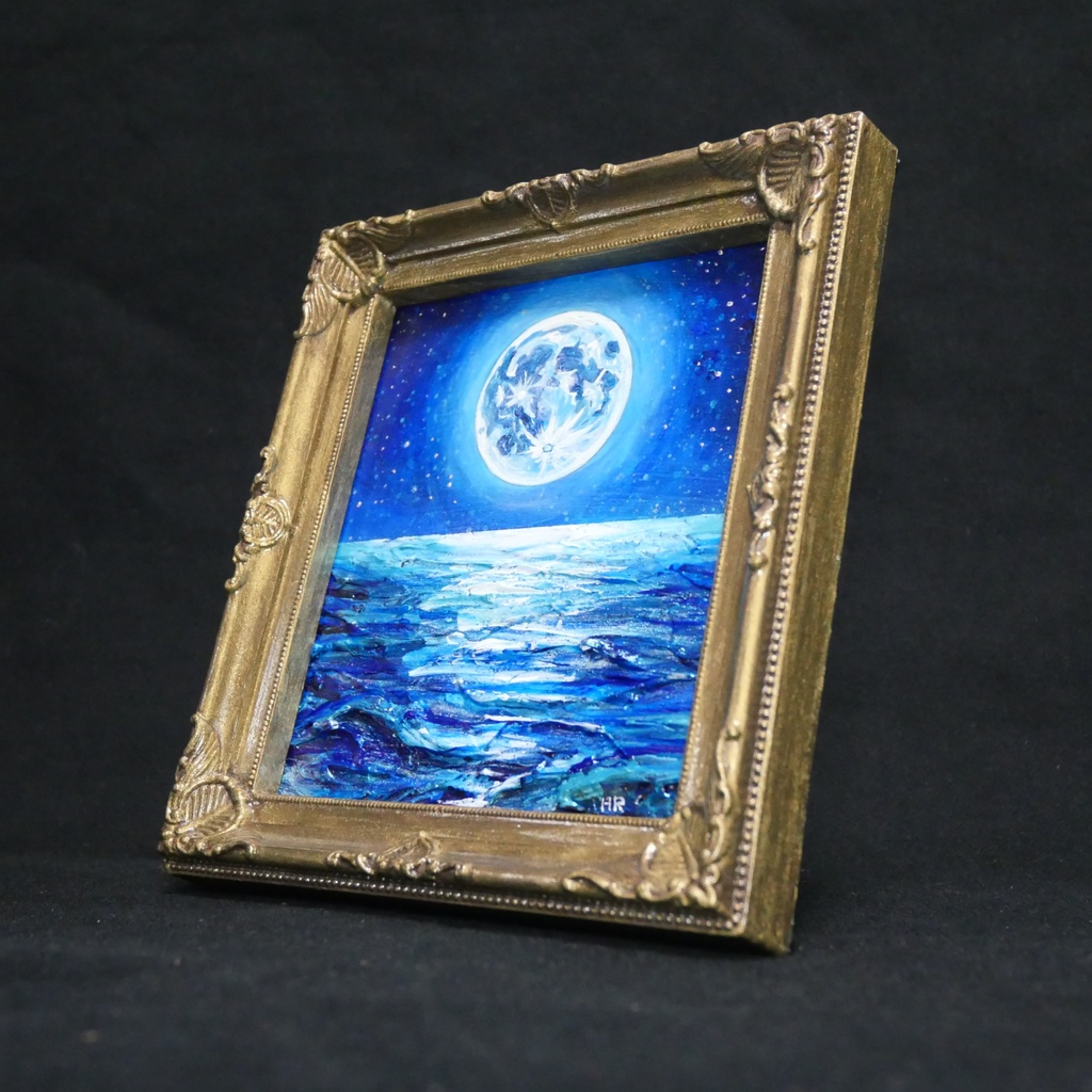 【蒼の深淵に眠る光】デスクに飾る小さな油絵 / 青い海の幻想風景 ミニ色紙 額縁付き