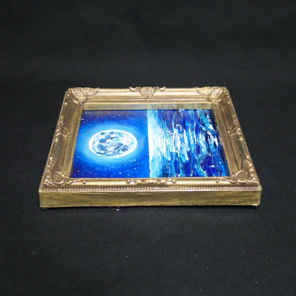 【蒼の深淵に眠る光】デスクに飾る小さな油絵 / 青い海の幻想風景 ミニ色紙 額縁付き