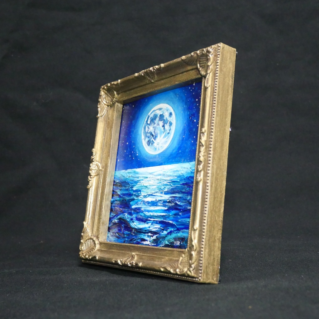 【蒼の深淵に眠る光】デスクに飾る小さな油絵 / 青い海の幻想風景 ミニ色紙 額縁付き