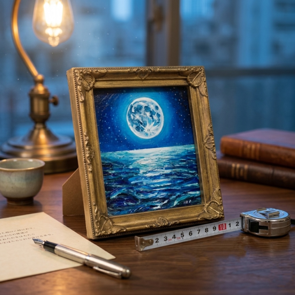 【蒼の深淵に眠る光】デスクに飾る小さな油絵 / 青い海の幻想風景 ミニ色紙 額縁付き