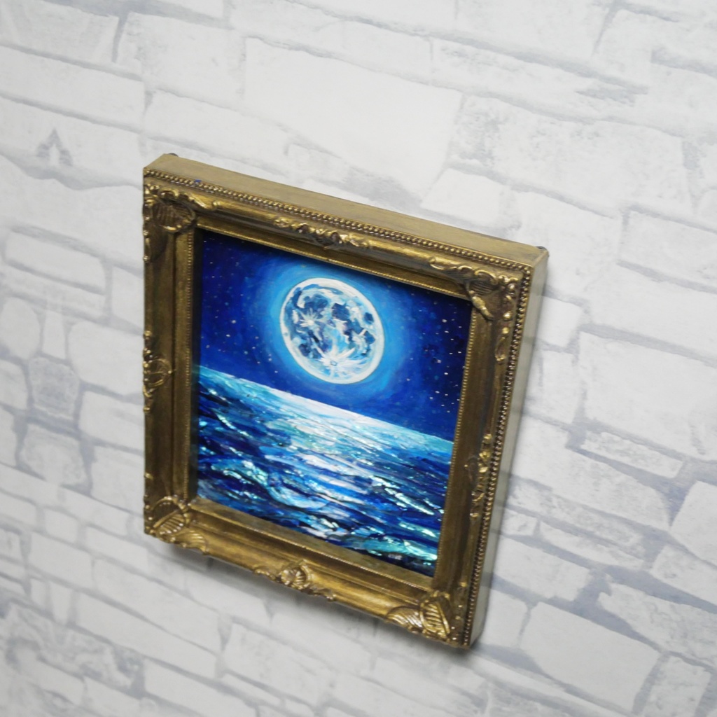 【蒼の深淵に眠る光】デスクに飾る小さな油絵 / 青い海の幻想風景 ミニ色紙 額縁付き