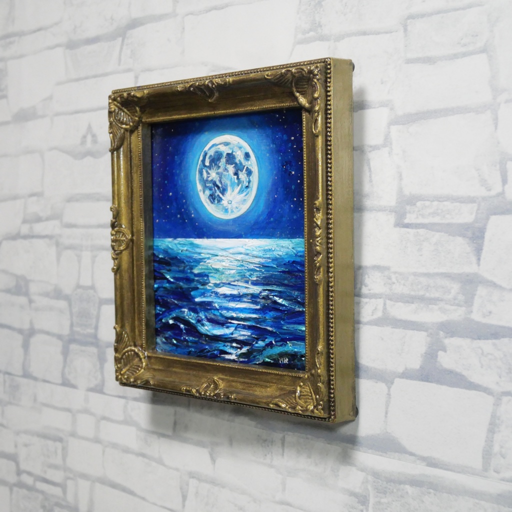 【蒼の深淵に眠る光】デスクに飾る小さな油絵 / 青い海の幻想風景 ミニ色紙 額縁付き