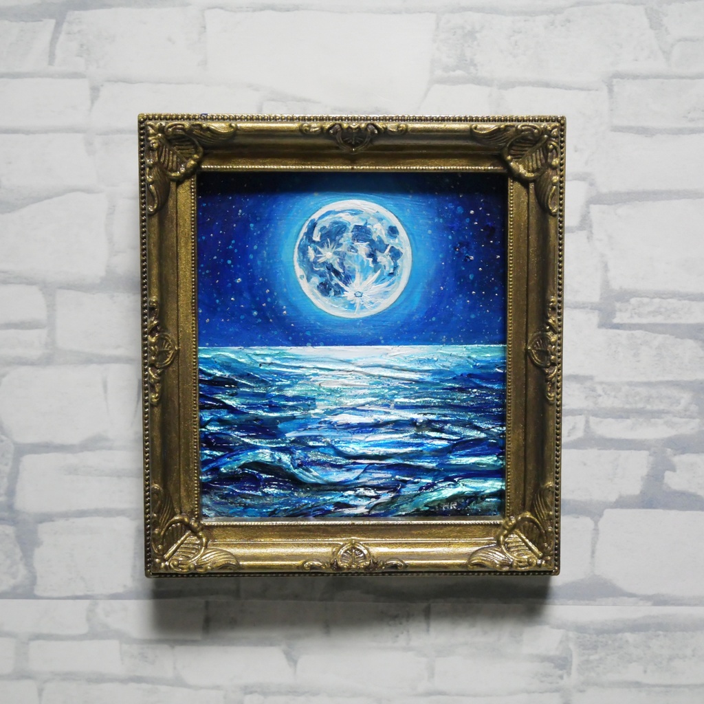 【蒼の深淵に眠る光】デスクに飾る小さな油絵 / 青い海の幻想風景 ミニ色紙 額縁付き
