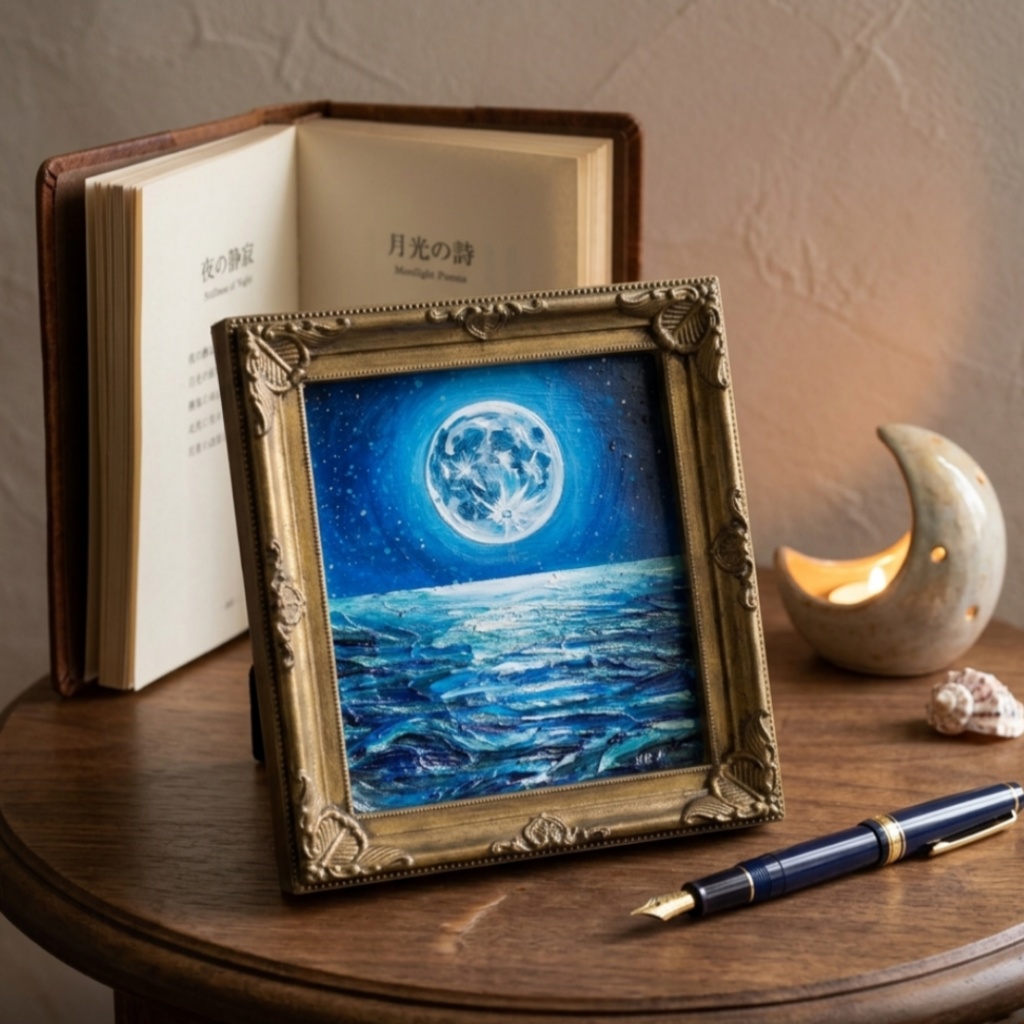 【蒼の深淵に眠る光】デスクに飾る小さな油絵 / 青い海の幻想風景 ミニ色紙 額縁付き