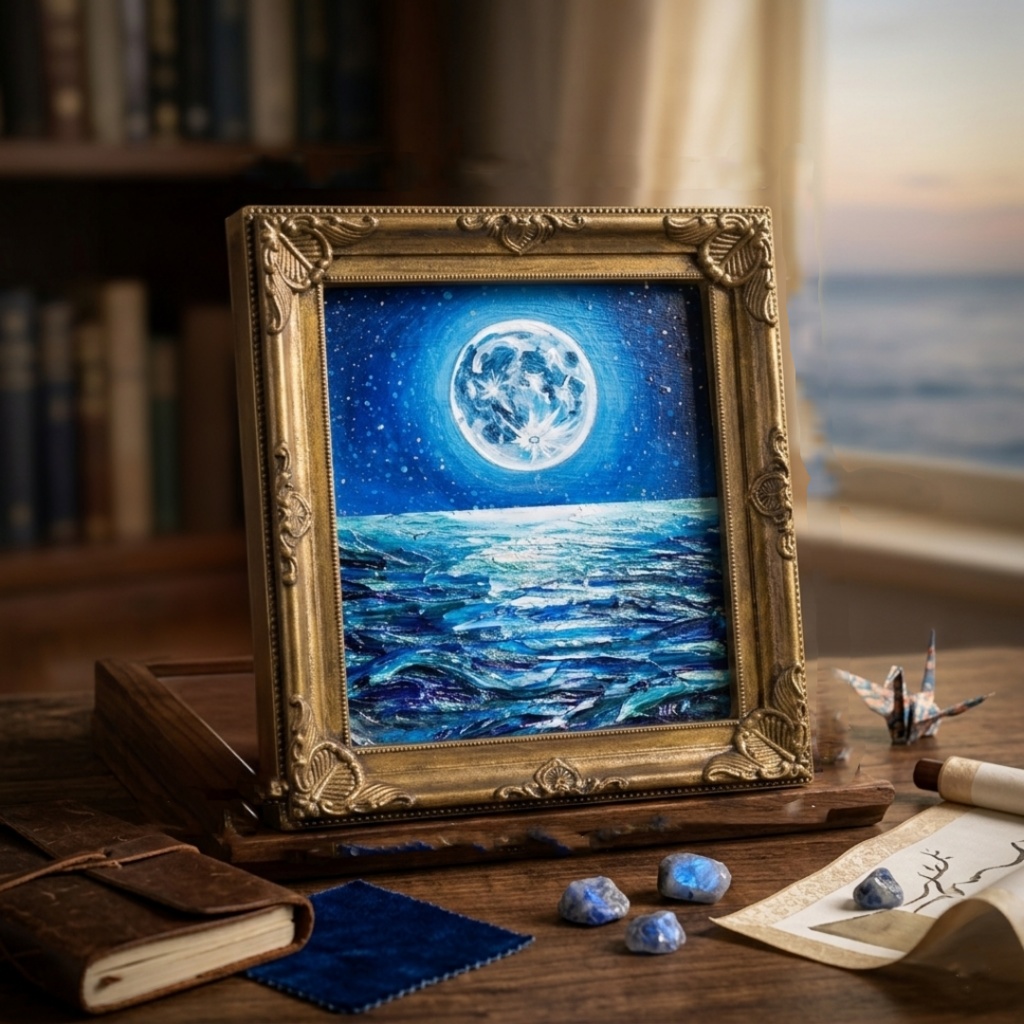 【蒼の深淵に眠る光】デスクに飾る小さな油絵 / 青い海の幻想風景 ミニ色紙 額縁付き