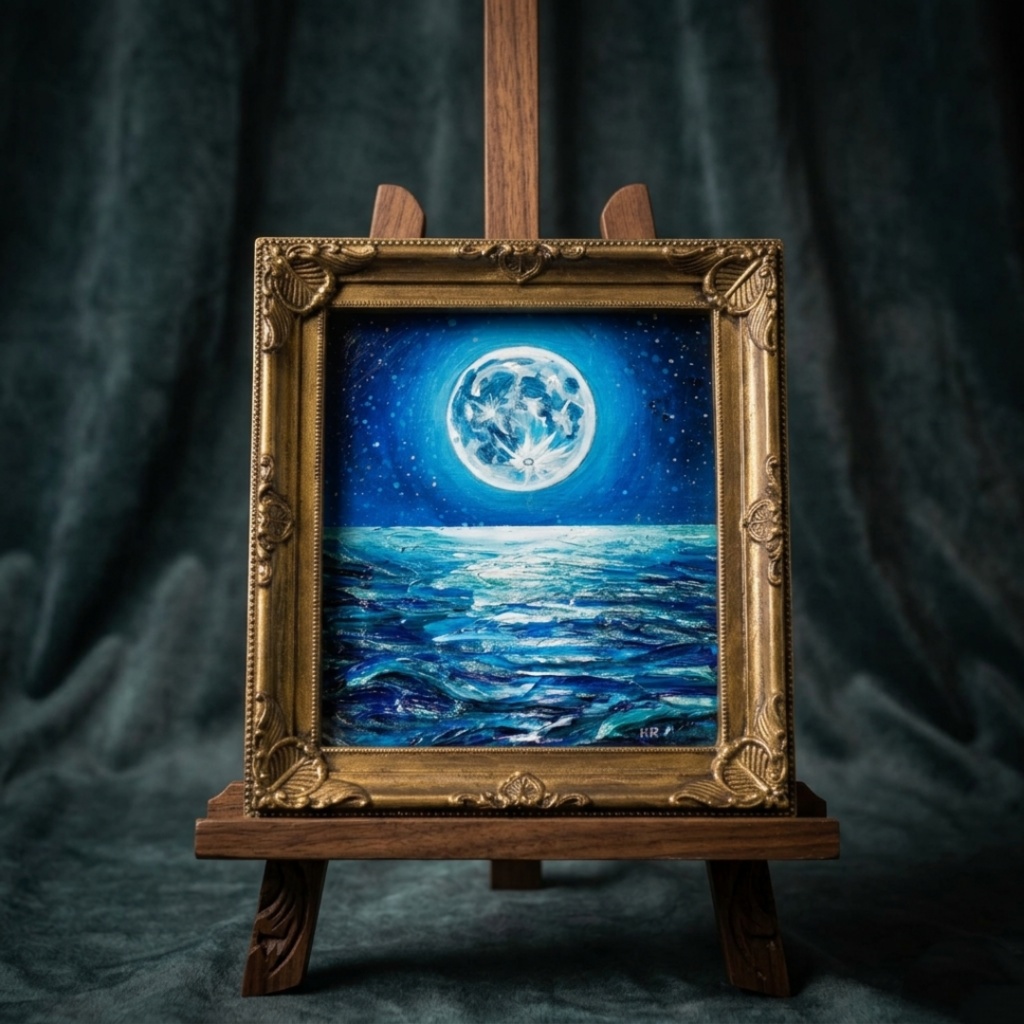 【蒼の深淵に眠る光】デスクに飾る小さな油絵 / 青い海の幻想風景 ミニ色紙 額縁付き