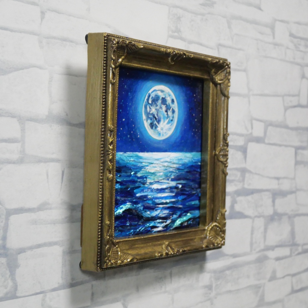 【蒼の深淵に眠る光】デスクに飾る小さな油絵 / 青い海の幻想風景 ミニ色紙 額縁付き