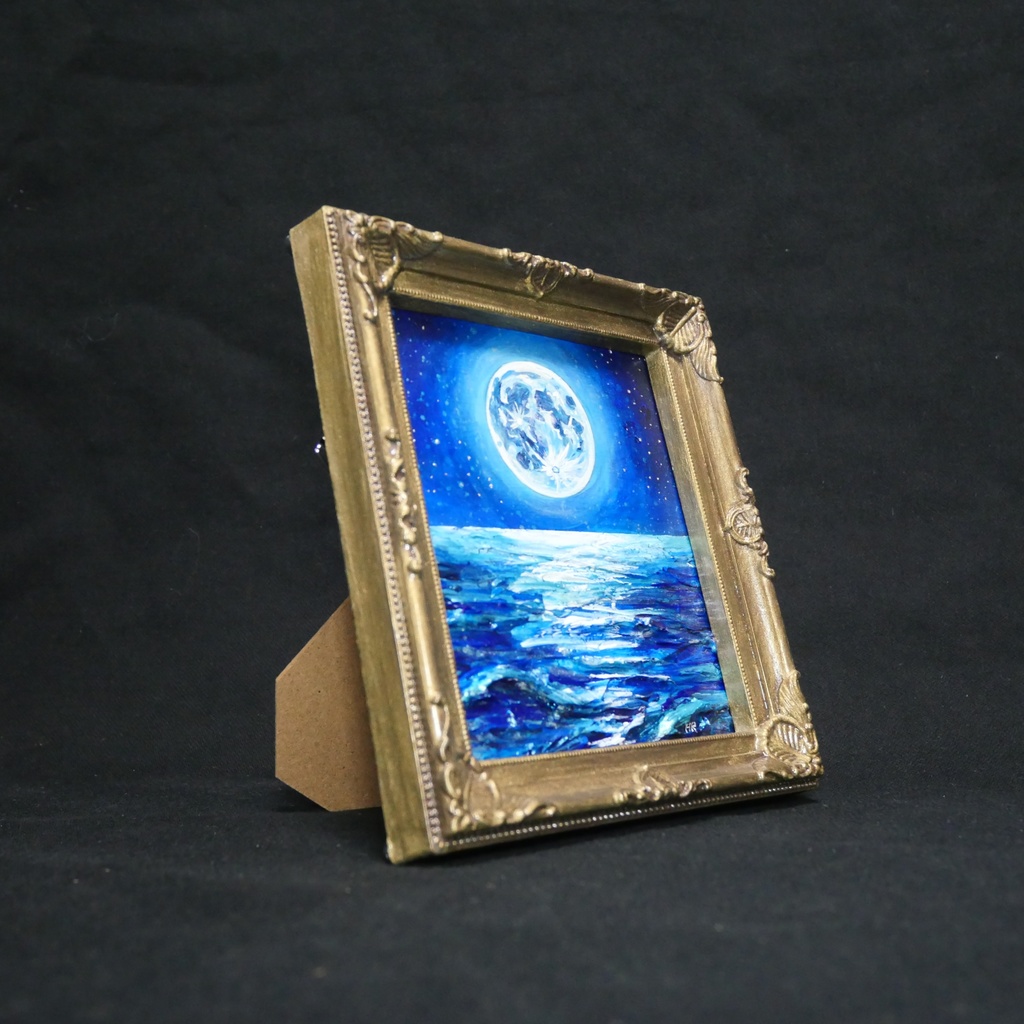 【蒼の深淵に眠る光】デスクに飾る小さな油絵 / 青い海の幻想風景 ミニ色紙 額縁付き