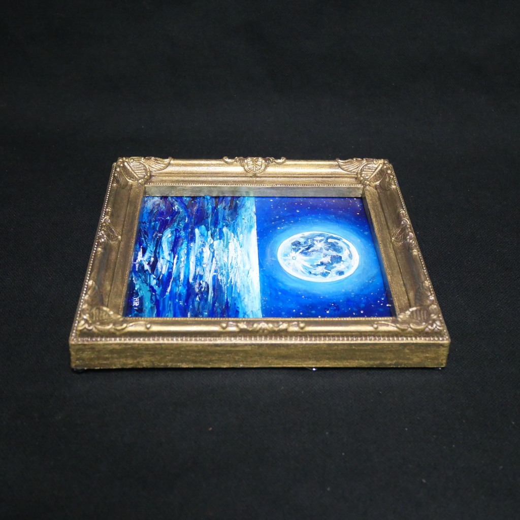 【蒼の深淵に眠る光】デスクに飾る小さな油絵 / 青い海の幻想風景 ミニ色紙 額縁付き