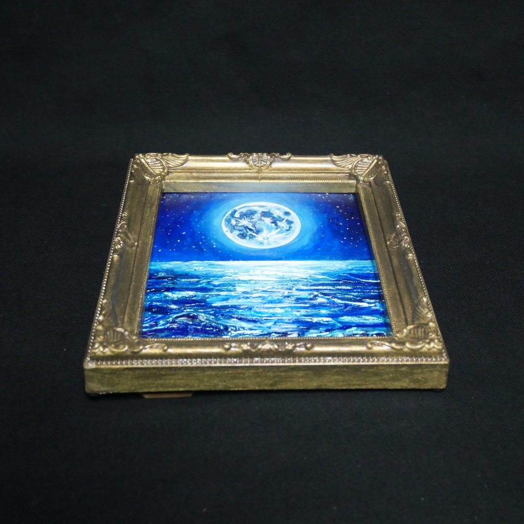 【蒼の深淵に眠る光】デスクに飾る小さな油絵 / 青い海の幻想風景 ミニ色紙 額縁付き