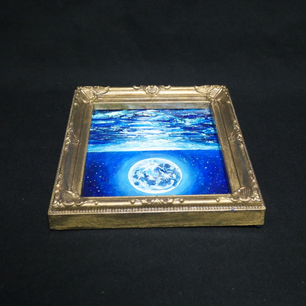 【蒼の深淵に眠る光】デスクに飾る小さな油絵 / 青い海の幻想風景 ミニ色紙 額縁付き