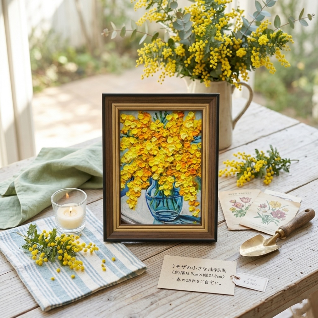 油絵 原画『春を告げるミモザ』ミモザのミニ絵画 インテリア・ギフトに