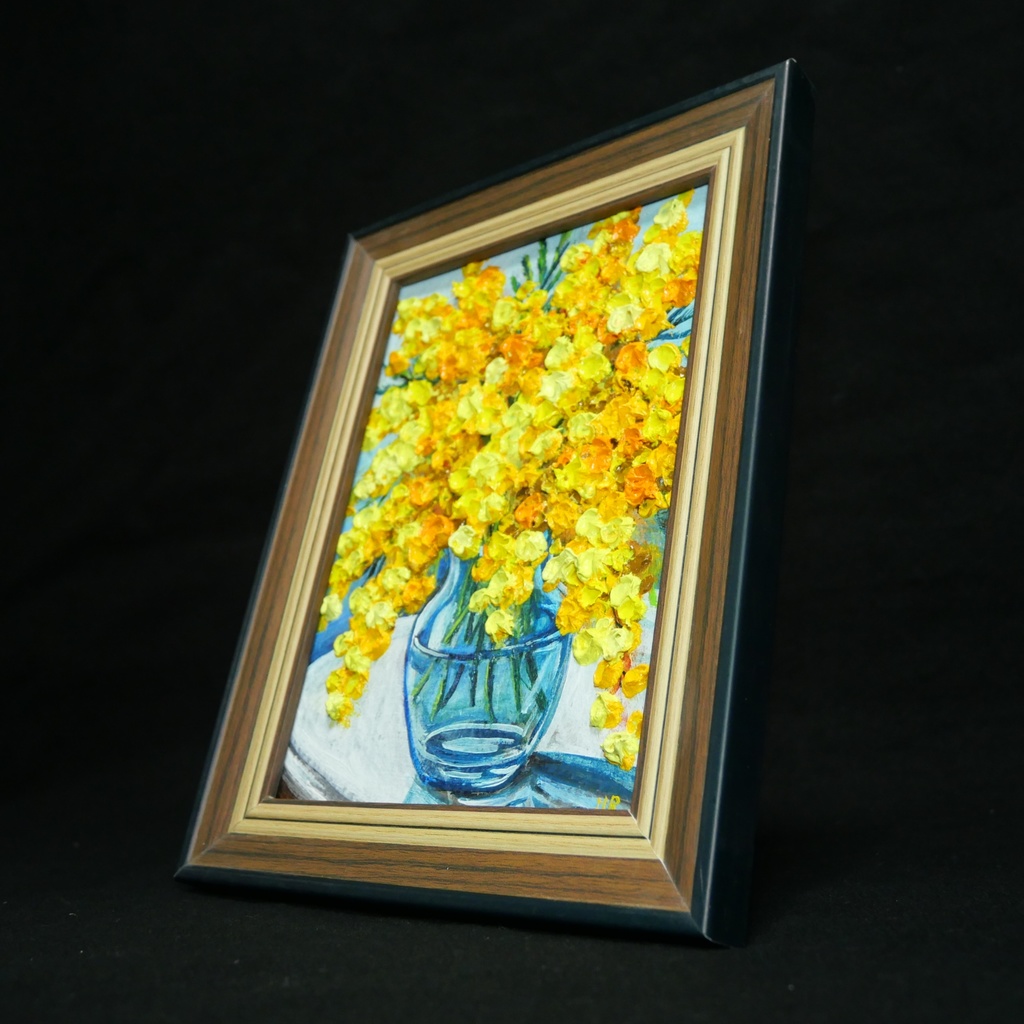 油絵 原画『春を告げるミモザ』ミモザのミニ絵画 インテリア・ギフトに