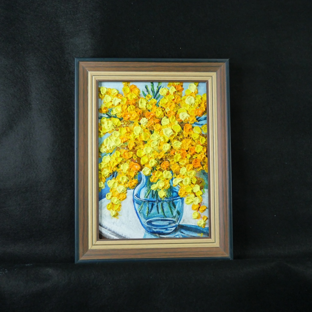 油絵 原画『春を告げるミモザ』ミモザのミニ絵画 インテリア・ギフトに