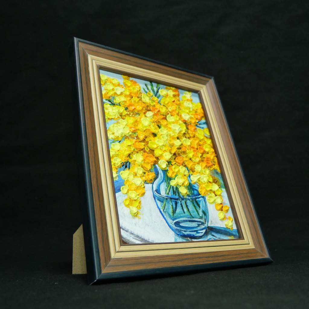 油絵 原画『春を告げるミモザ』ミモザのミニ絵画 インテリア・ギフトに