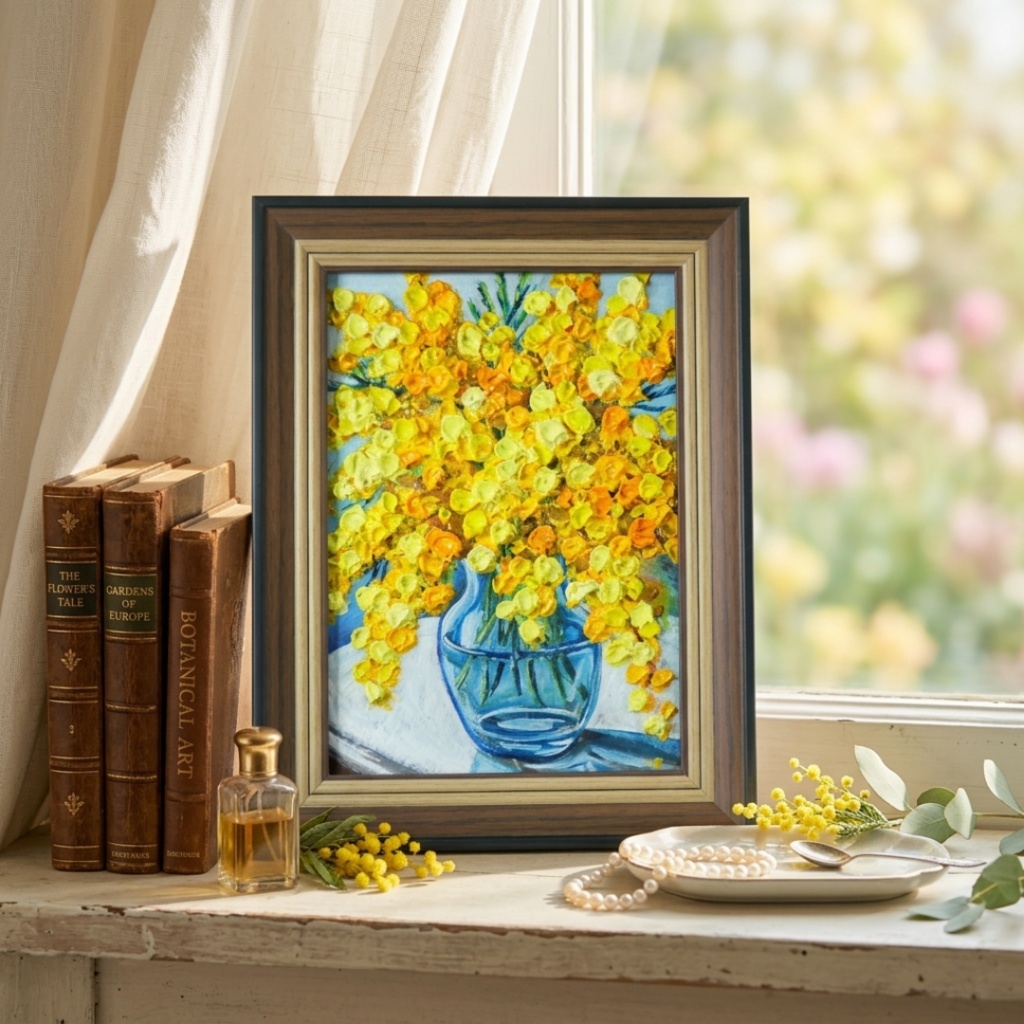 油絵 原画『春を告げるミモザ』ミモザのミニ絵画 インテリア・ギフトに