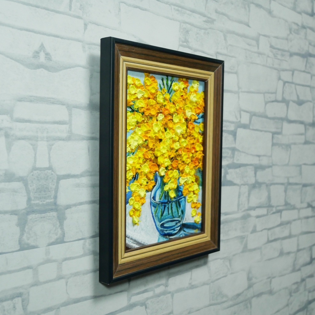 油絵 原画『春を告げるミモザ』ミモザのミニ絵画 インテリア・ギフトに