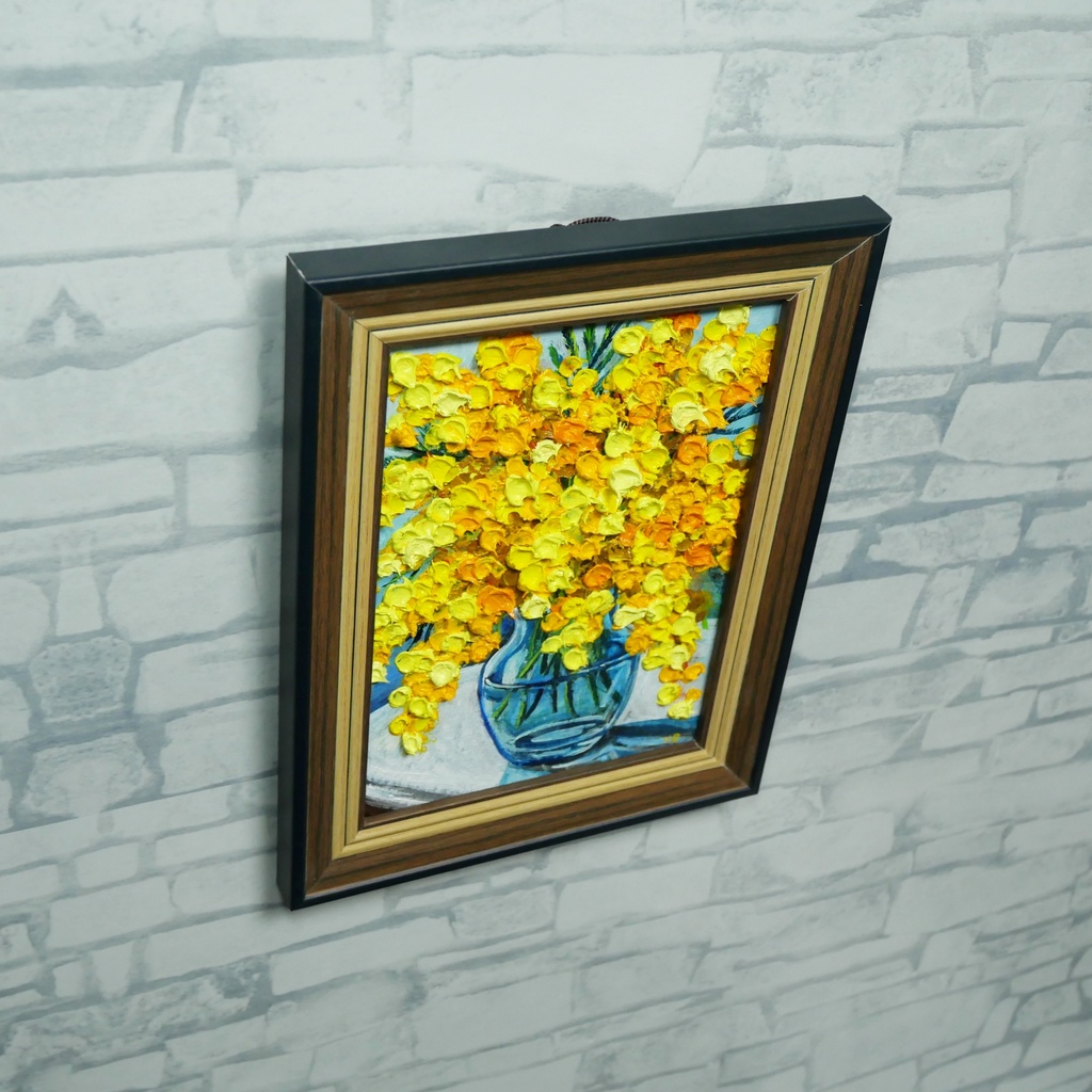 油絵 原画『春を告げるミモザ』ミモザのミニ絵画 インテリア・ギフトに