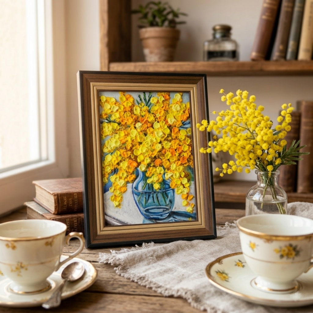 油絵 原画『春を告げるミモザ』ミモザのミニ絵画 インテリア・ギフトに