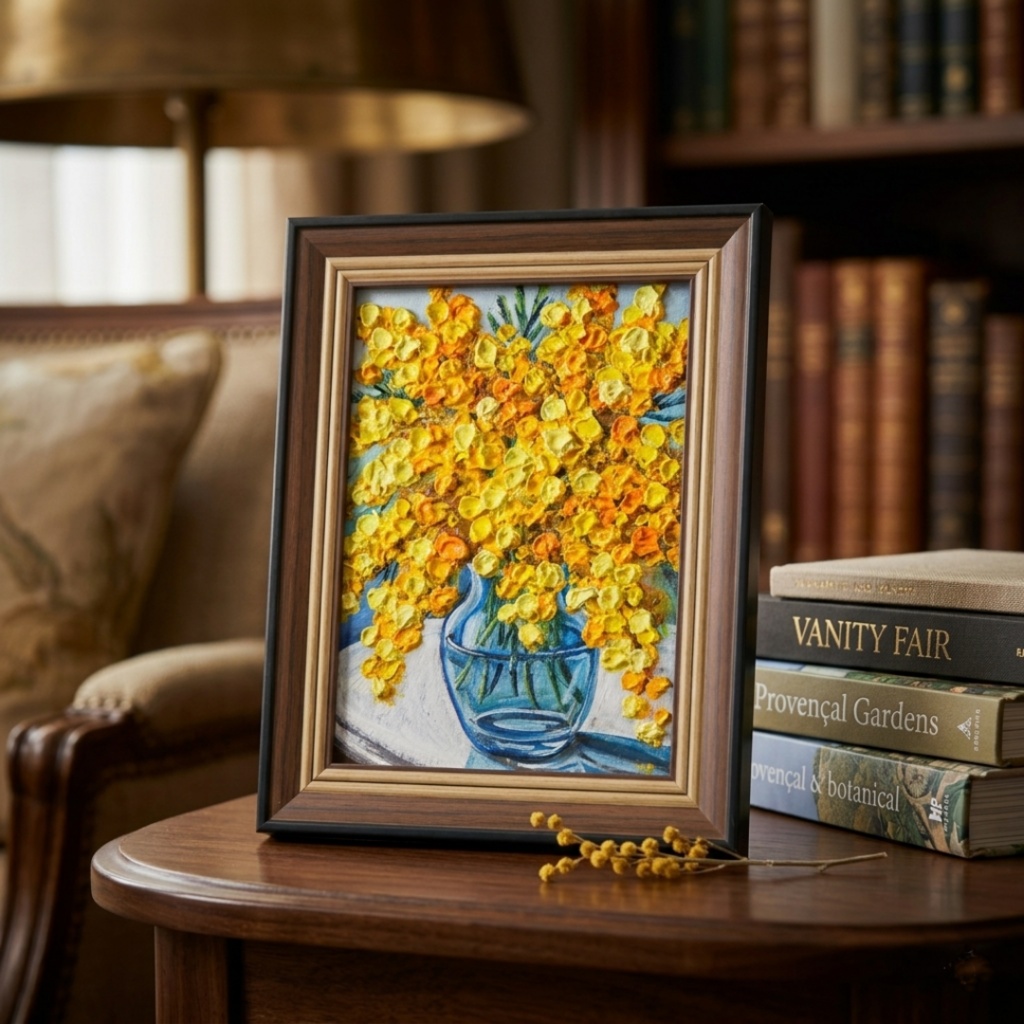 油絵 原画『春を告げるミモザ』ミモザのミニ絵画 インテリア・ギフトに