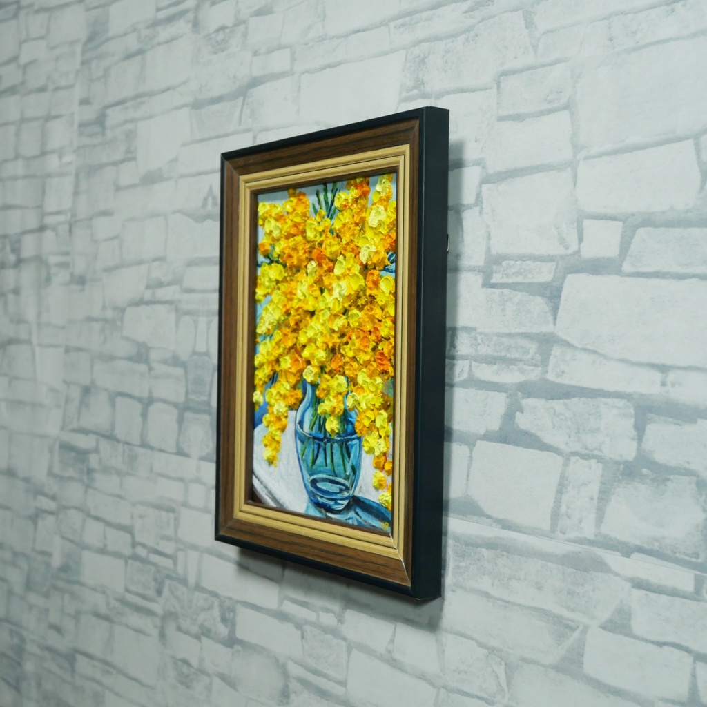 油絵 原画『春を告げるミモザ』ミモザのミニ絵画 インテリア・ギフトに