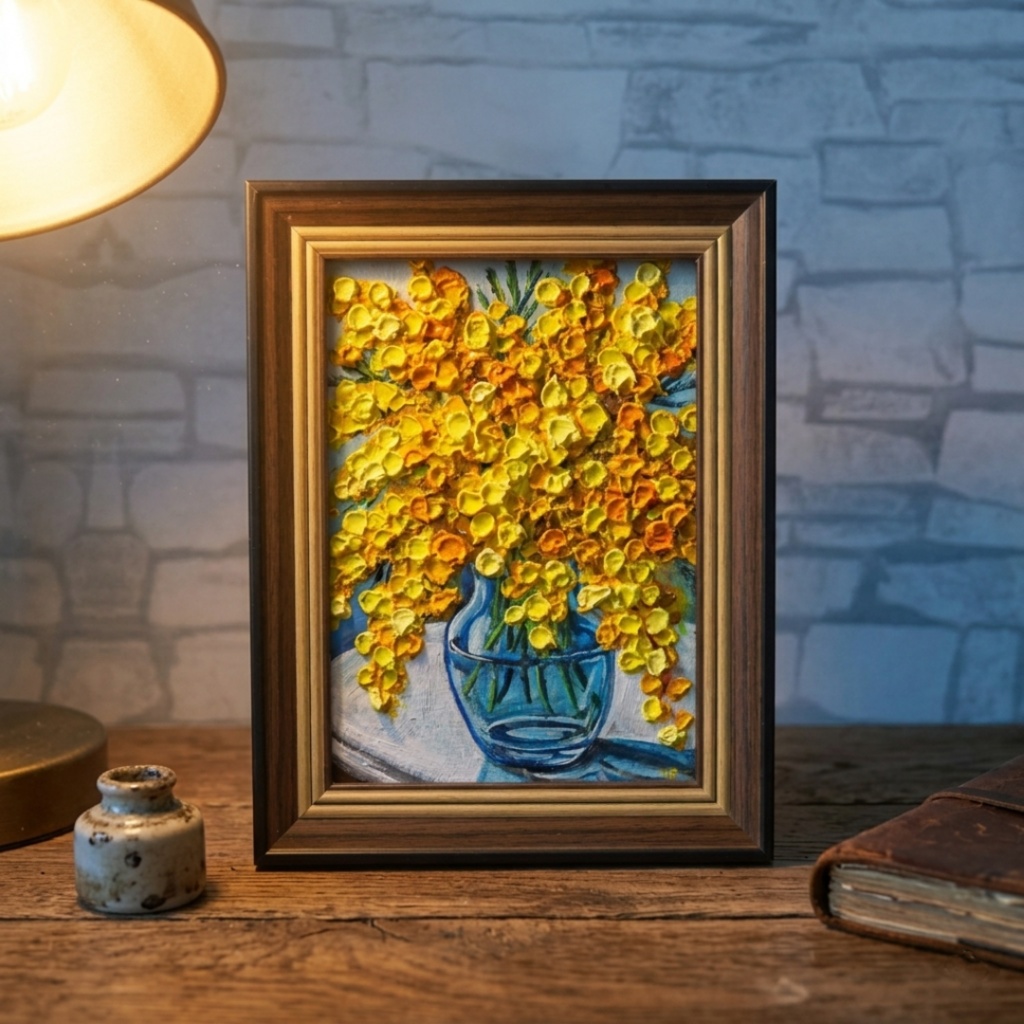 油絵 原画『春を告げるミモザ』ミモザのミニ絵画 インテリア・ギフトに