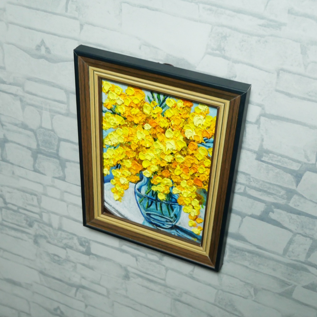 油絵 原画『春を告げるミモザ』ミモザのミニ絵画 インテリア・ギフトに