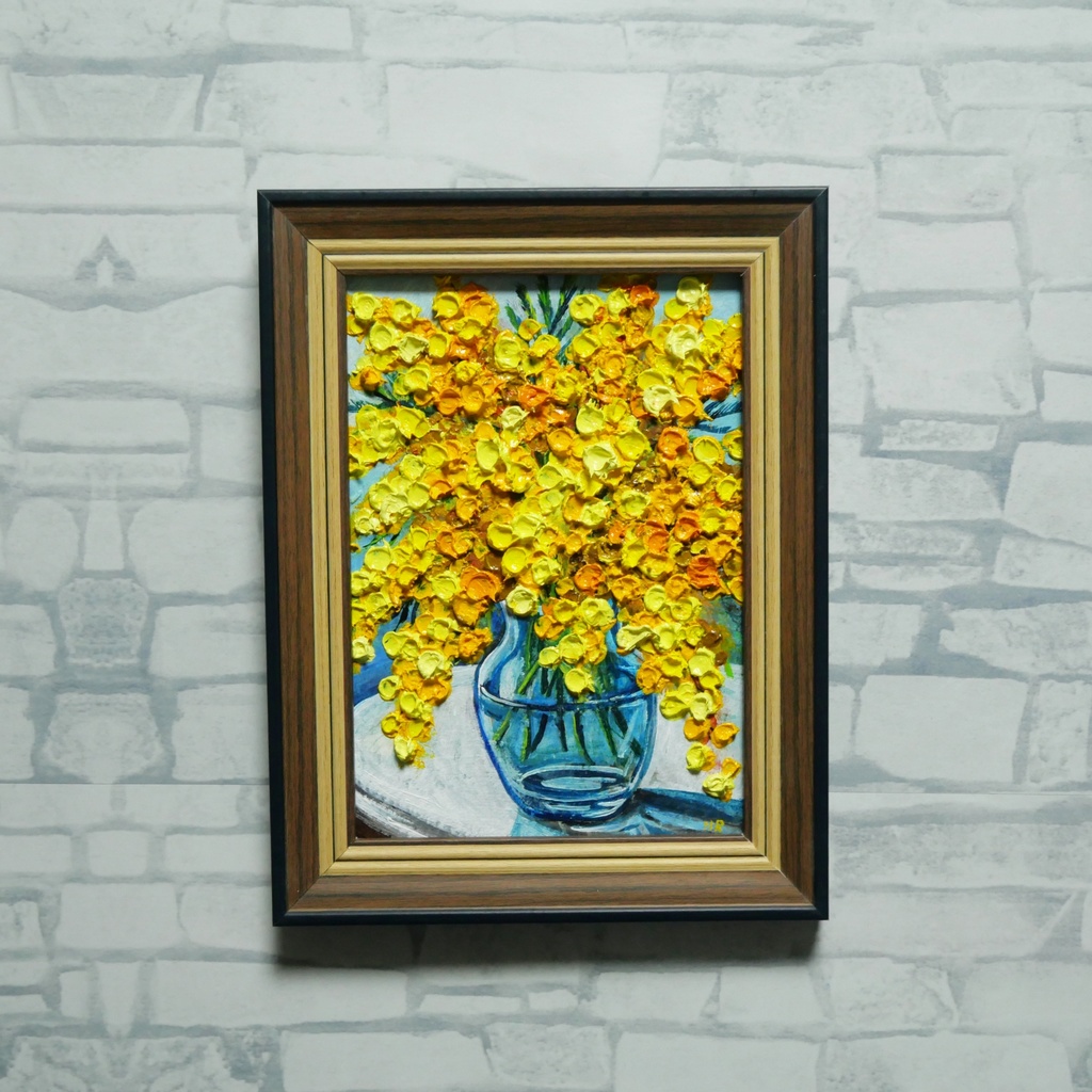 油絵 原画『春を告げるミモザ』ミモザのミニ絵画 インテリア・ギフトに