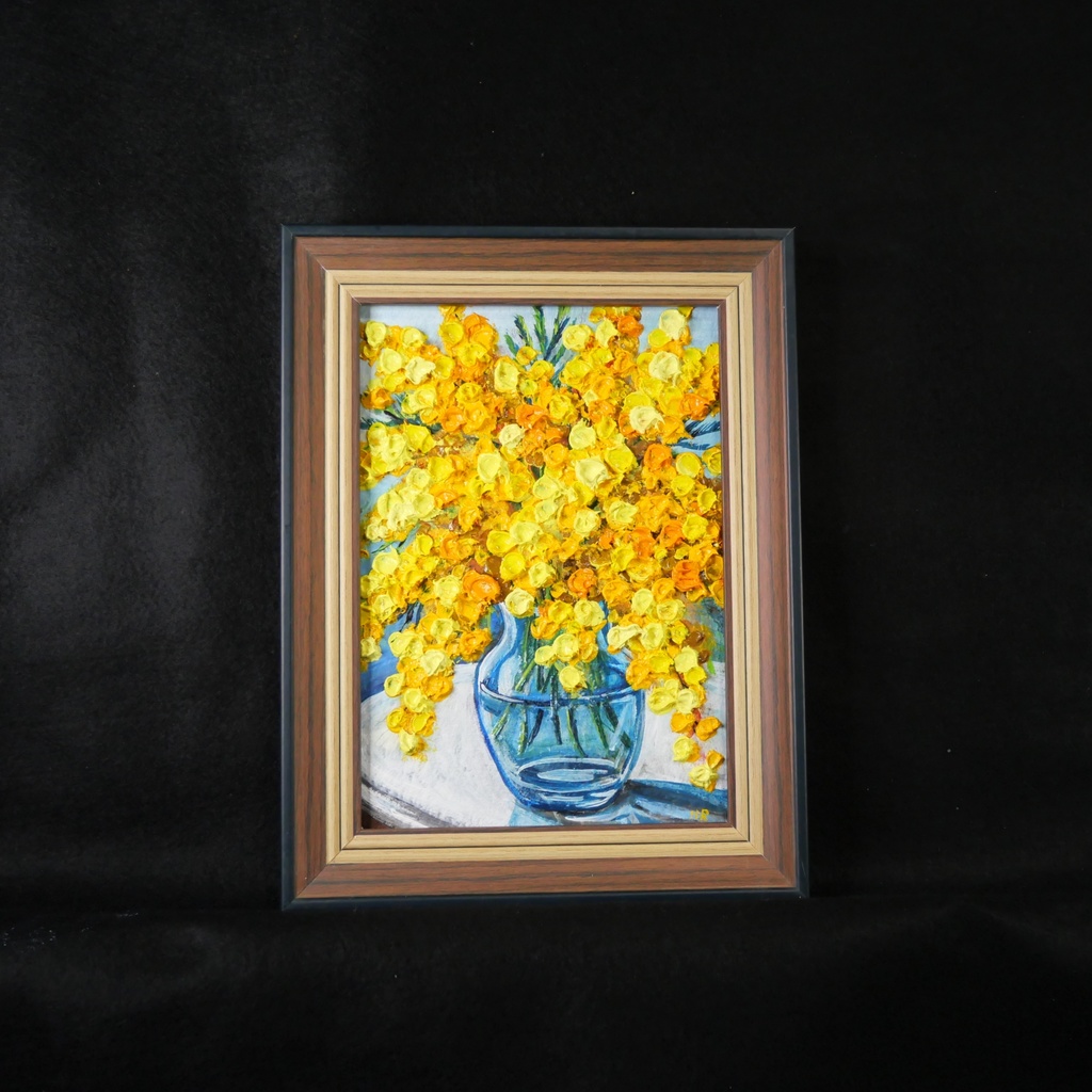 油絵 原画『春を告げるミモザ』ミモザのミニ絵画 インテリア・ギフトに
