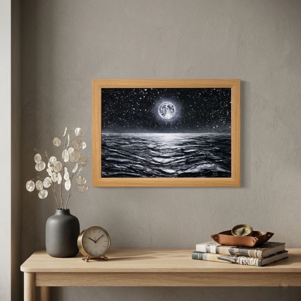 油絵 原画『月光の旋律』月 風景画 癒やし インテリア アート 額装込