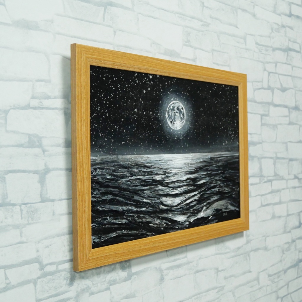 油絵 原画『月光の旋律』月 風景画 癒やし インテリア アート 額装込