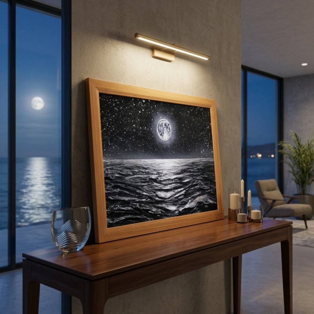 油絵 原画『月光の旋律』月 風景画 癒やし インテリア アート 額装込