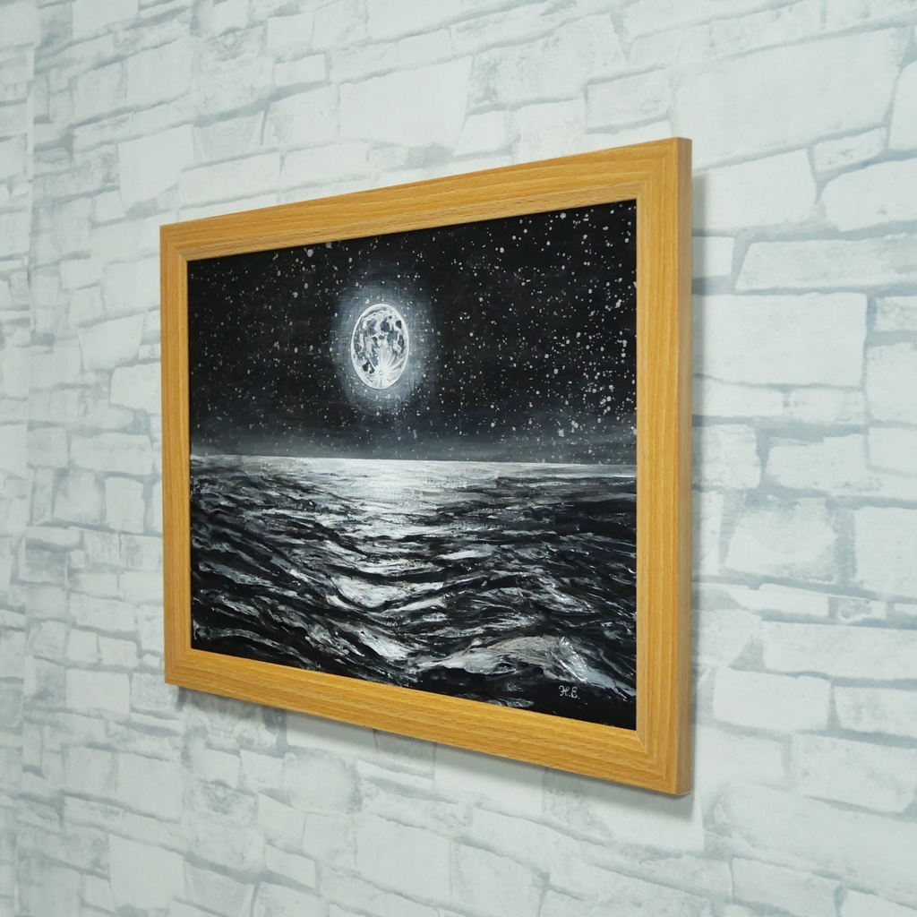 油絵 原画『月光の旋律』月 風景画 癒やし インテリア アート 額装込