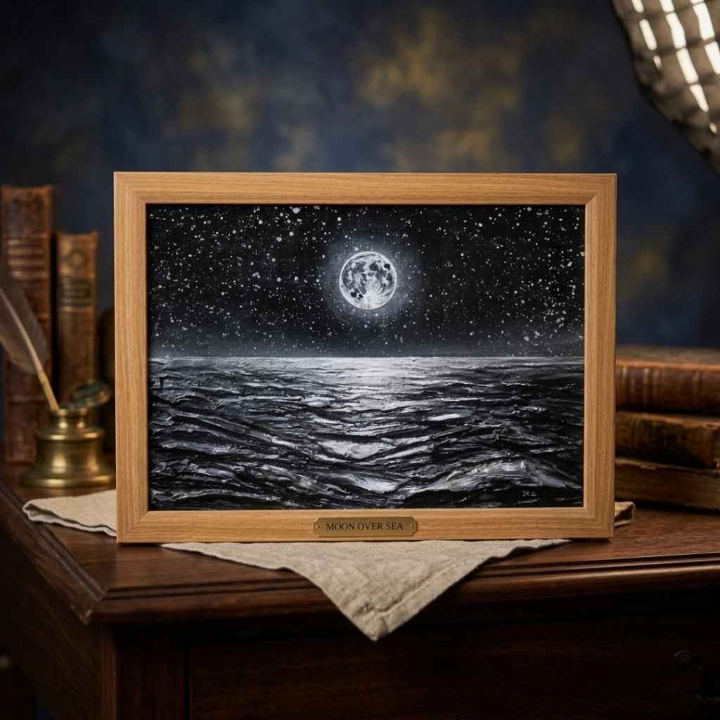油絵 原画『月光の旋律』月 風景画 癒やし インテリア アート 額装込