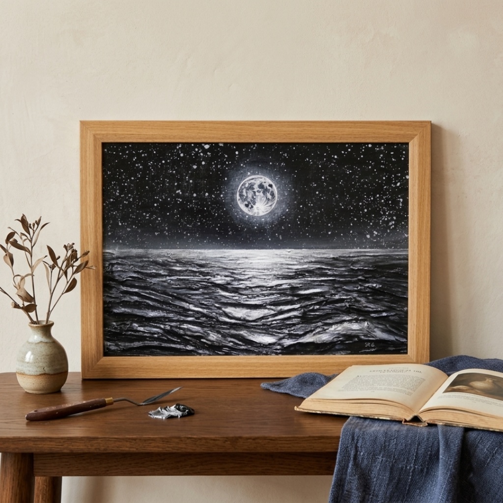 油絵 原画『月光の旋律』月 風景画 癒やし インテリア アート 額装込