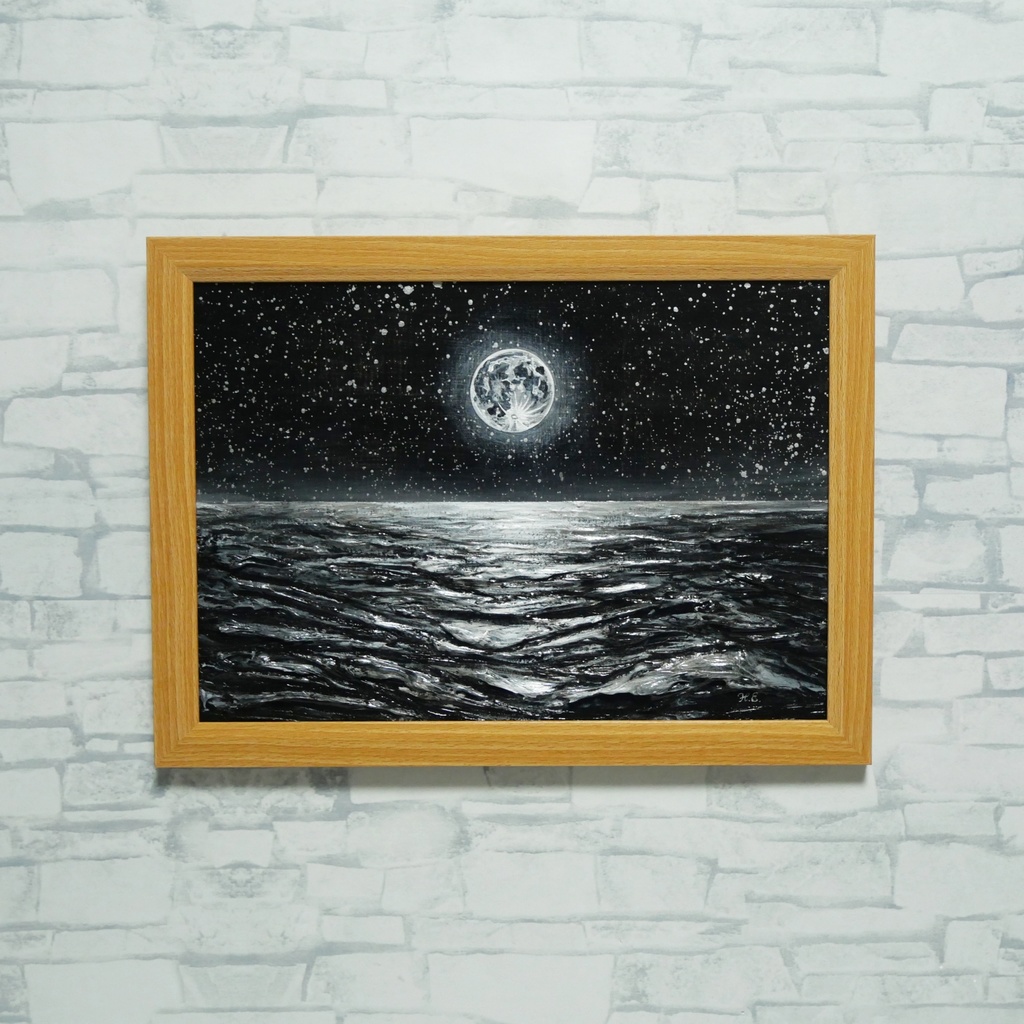 油絵 原画『月光の旋律』月 風景画 癒やし インテリア アート 額装込