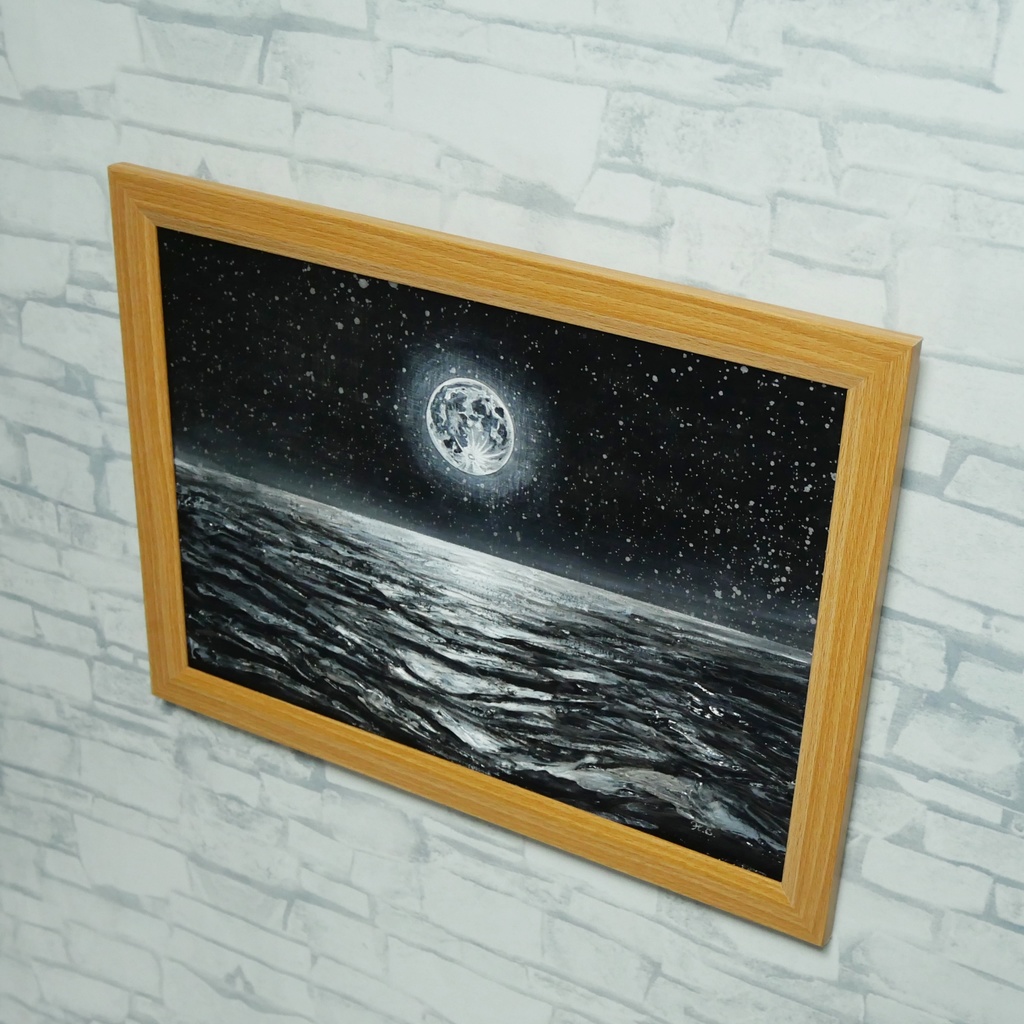油絵 原画『月光の旋律』月 風景画 癒やし インテリア アート 額装込