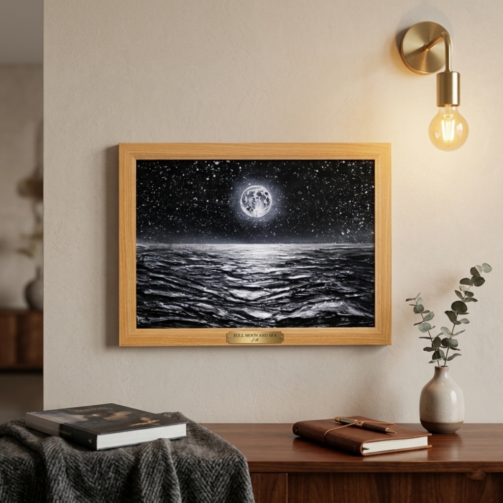 油絵 原画『月光の旋律』月 風景画 癒やし インテリア アート 額装込