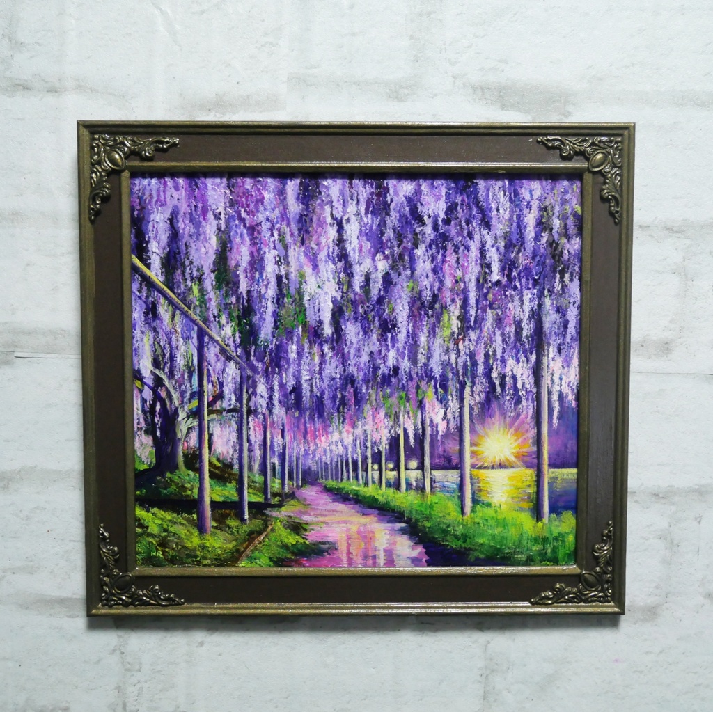 藤の花の油絵【紫光のカーテン】白毫寺 九尺ふじ 原画 一点物 インテリア 風景画 額縁対応可