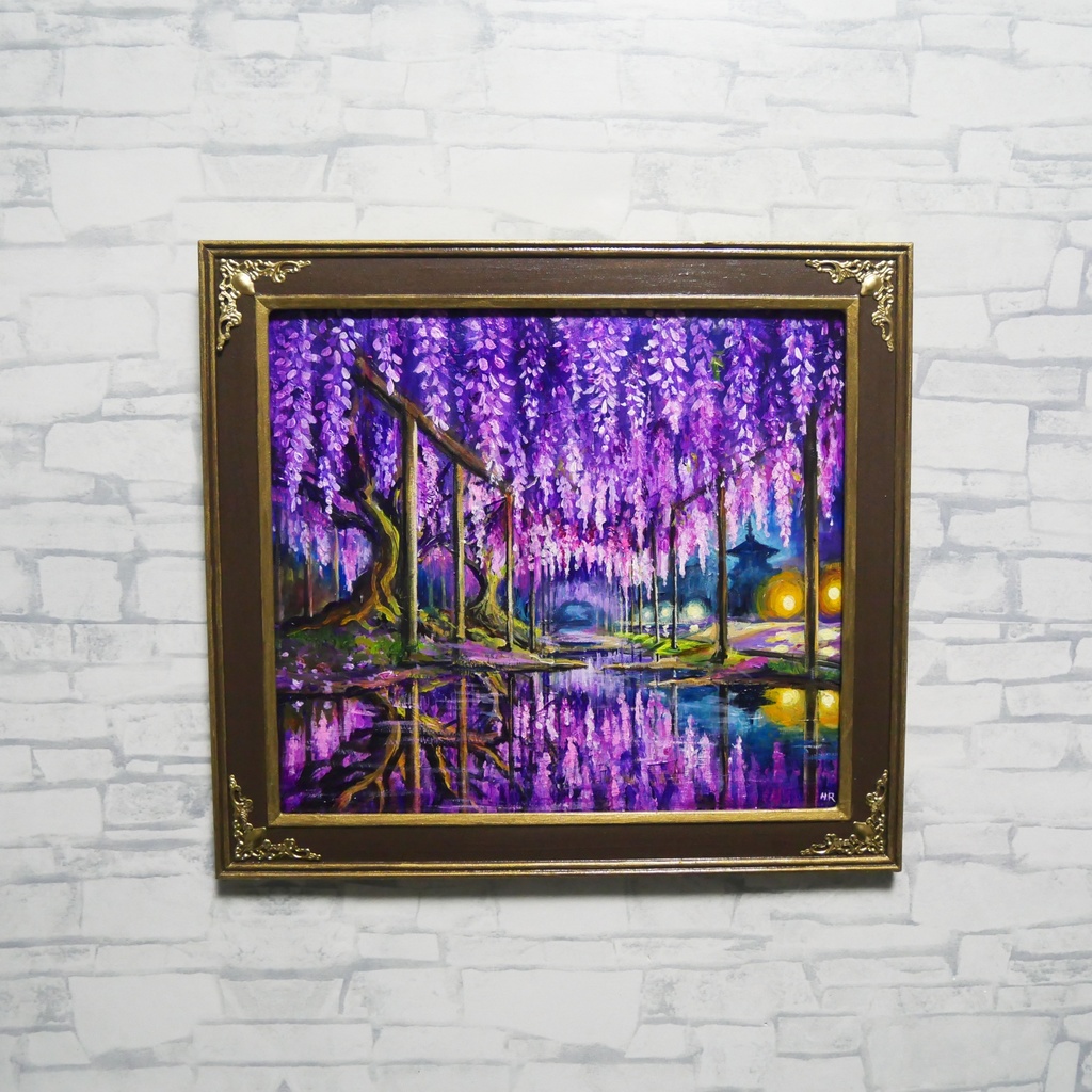 藤の花の油絵【紫光のカーテン】白毫寺 九尺ふじ 原画 一点物 インテリア 風景画 額縁対応可