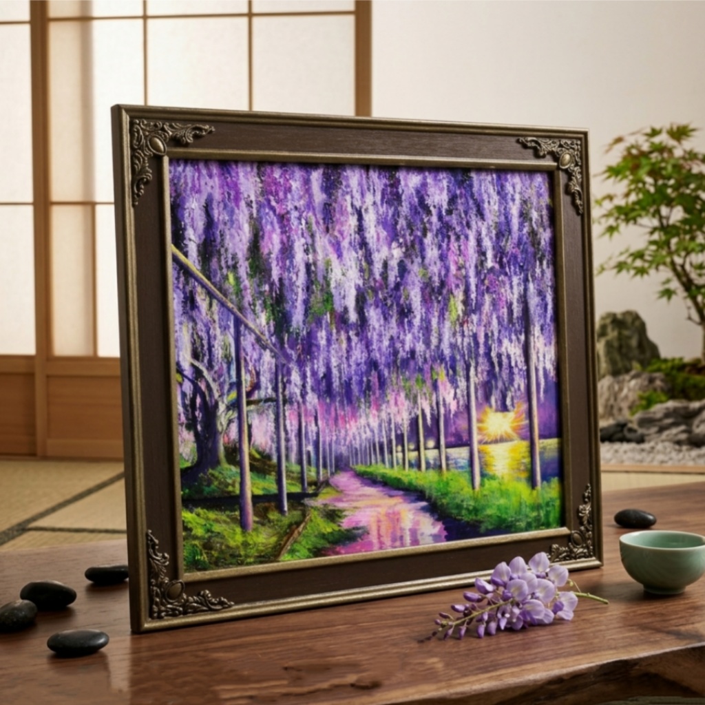 藤の花の油絵【紫光のカーテン】白毫寺 九尺ふじ 原画 一点物 インテリア 風景画 額縁対応可