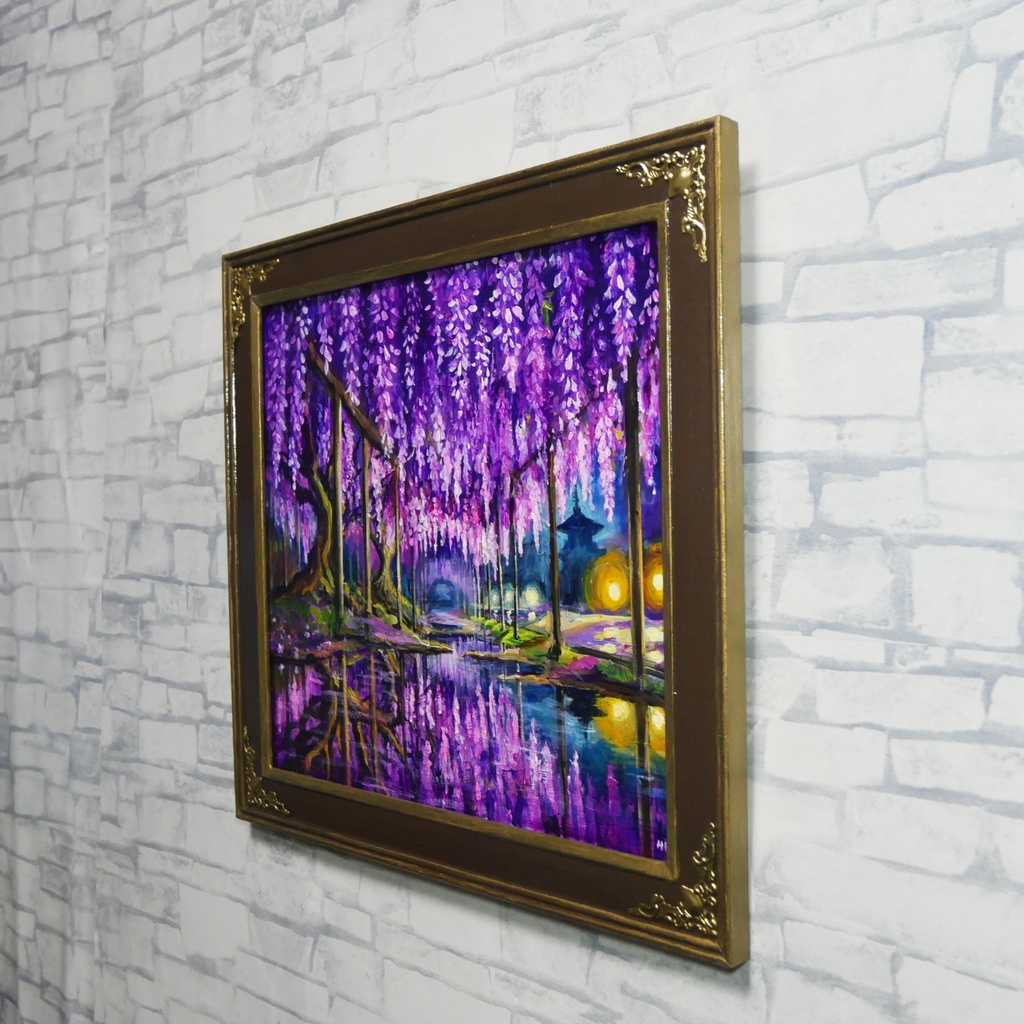 藤の花の油絵【紫光のカーテン】白毫寺 九尺ふじ 原画 一点物 インテリア 風景画 額縁対応可