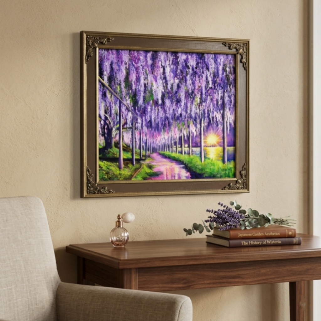 藤の花の油絵【紫光のカーテン】白毫寺 九尺ふじ 原画 一点物 インテリア 風景画 額縁対応可