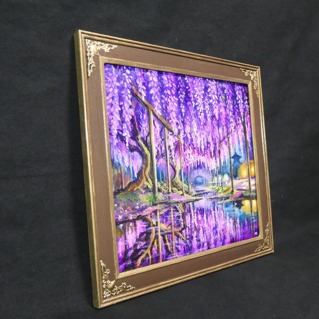 藤の花の油絵【紫光のカーテン】白毫寺 九尺ふじ 原画 一点物 インテリア 風景画 額縁対応可