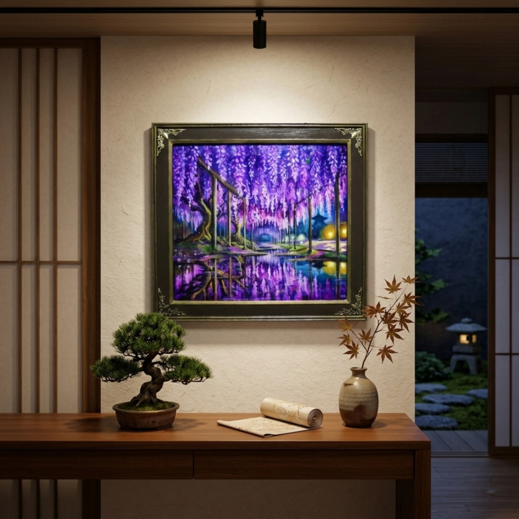 藤の花の油絵【紫光のカーテン】白毫寺 九尺ふじ 原画 一点物 インテリア 風景画 額縁対応可