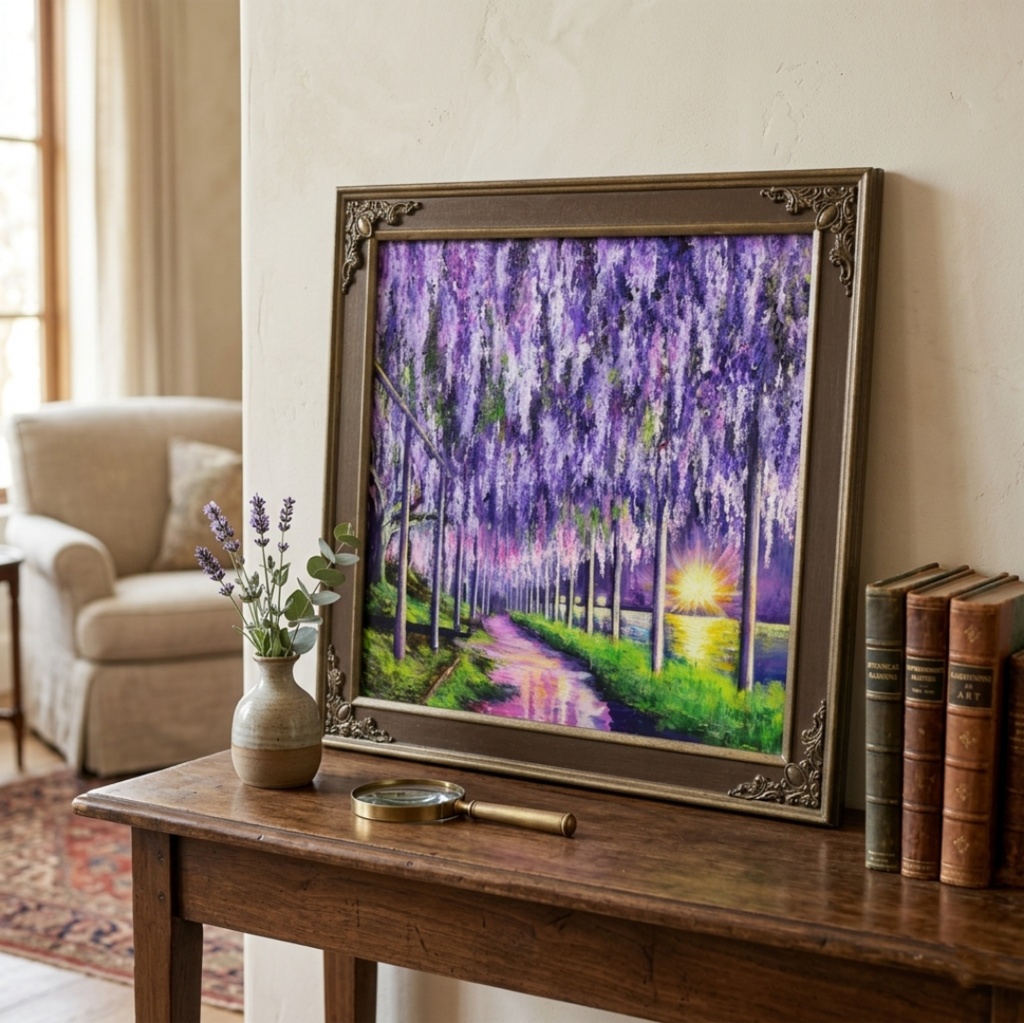 藤の花の油絵【紫光のカーテン】白毫寺 九尺ふじ 原画 一点物 インテリア 風景画 額縁対応可