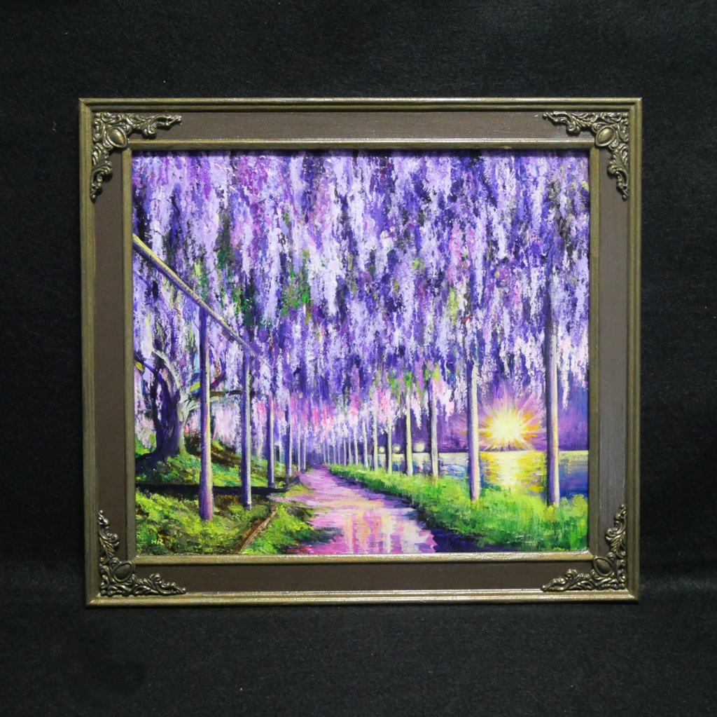 藤の花の油絵【紫光のカーテン】白毫寺 九尺ふじ 原画 一点物 インテリア 風景画 額縁対応可