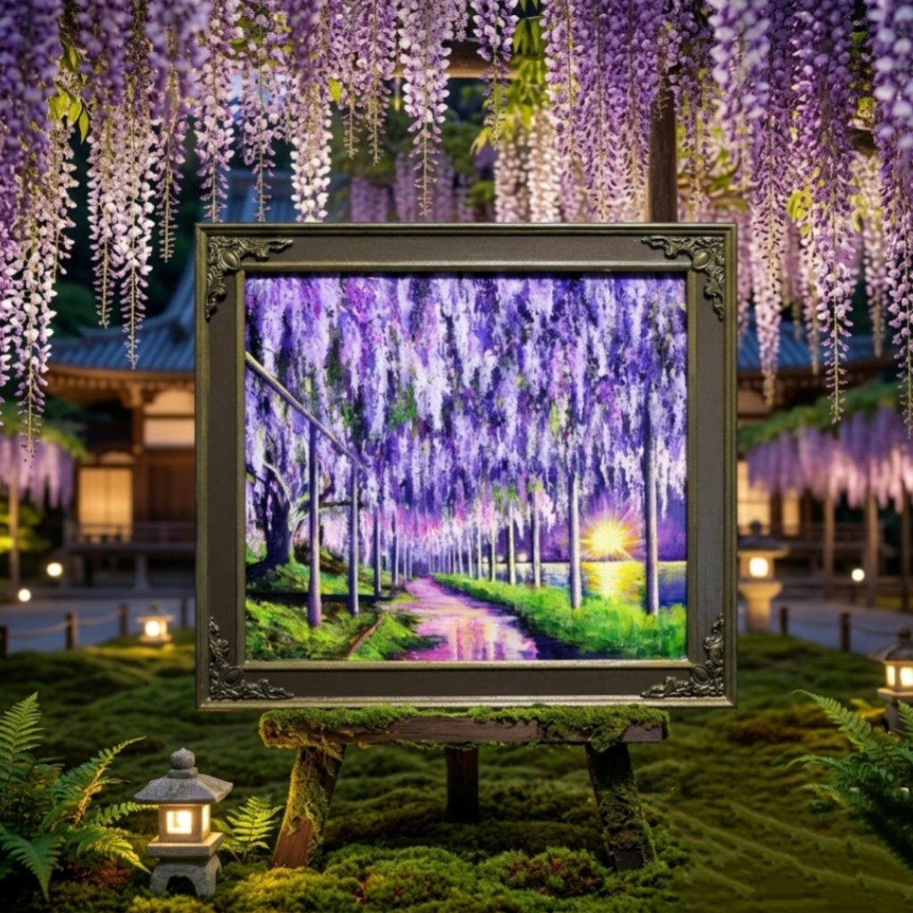 藤の花の油絵【紫光のカーテン】白毫寺 九尺ふじ 原画 一点物 インテリア 風景画 額縁対応可